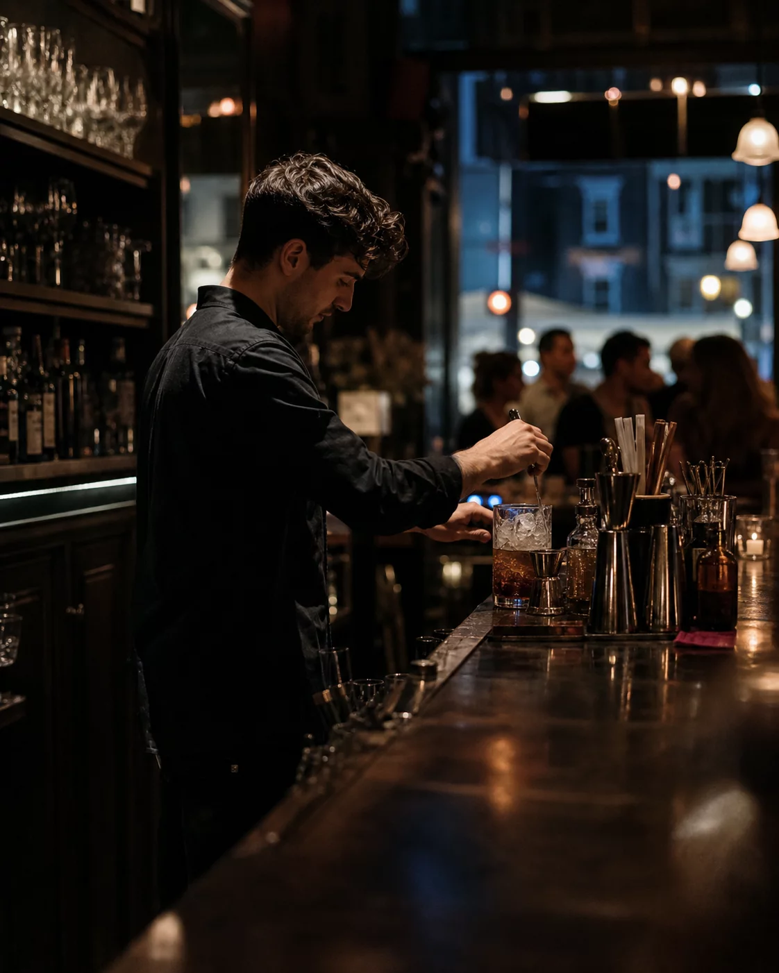 Bartender preparing a drink during a busy London evening